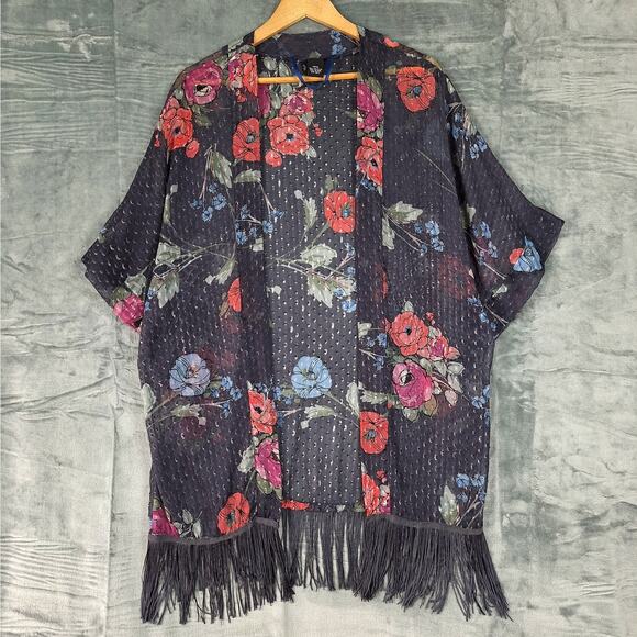 Womens Kimono One Size Floral Open Sheer Fringe Sheer Duster Boho Feminine Black - Picture 1 of 6